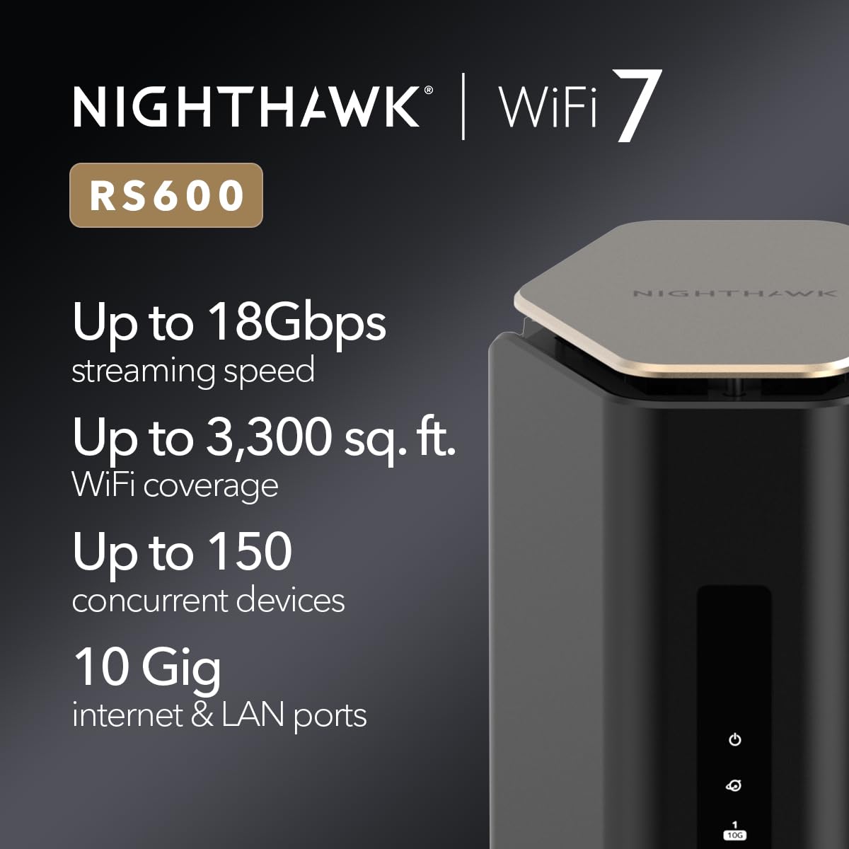 NETGEAR Nighthawk RS600: tri-band WiFi 7 router, up to 18Gbps, covers 3,300 sq ft, supports 150 devices, 10G port, secure.