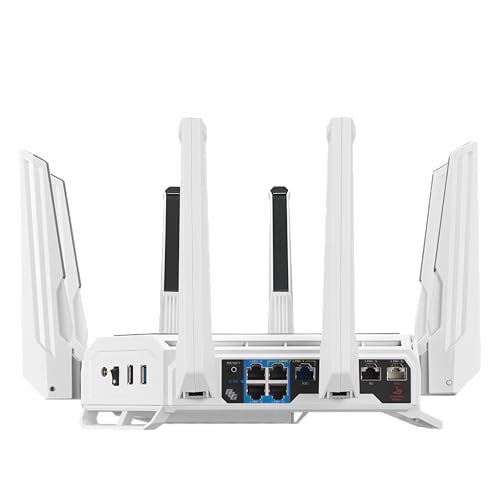 ASUS GT-BE19000AI: tri-band WiFi 7 gaming router, AI boost, dual 10G ports, gaming network, RGB design.