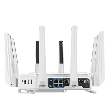 ASUS GT-BE19000AI: tri-band WiFi 7 gaming router, AI boost, dual 10G ports, gaming network, RGB design.