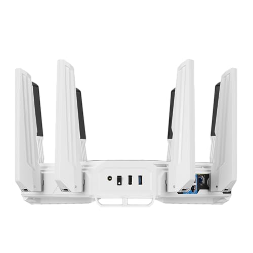 ASUS GT-BE19000AI: tri-band WiFi 7 gaming router, AI boost, dual 10G ports, gaming network, RGB design.