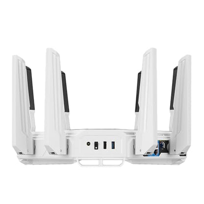 ASUS GT-BE19000AI: tri-band WiFi 7 gaming router, AI boost, dual 10G ports, gaming network, RGB design.