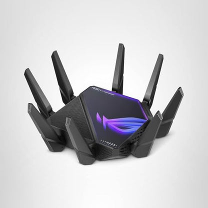 ASUS ROG Rapture GT-AXE16000: quad-band WiFi 6E gaming router, dual 10G ports, game acceleration, strong security.