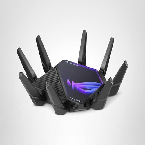 ASUS ROG Rapture GT-AXE16000: quad-band WiFi 6E gaming router, dual 10G ports, game acceleration, strong security.