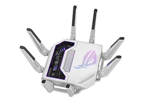 ASUS GT-BE19000AI: tri-band WiFi 7 gaming router, AI boost, dual 10G ports, gaming network, RGB design.