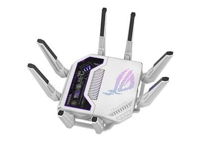 ASUS GT-BE19000AI: tri-band WiFi 7 gaming router, AI boost, dual 10G ports, gaming network, RGB design.
