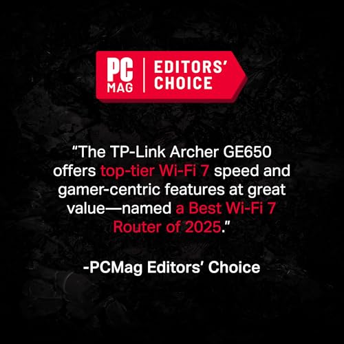 TP-Link Archer GE650: WiFi 7 gaming router, 11Gbps, multi-gig ports, RGB lighting, optimized for gaming performance.