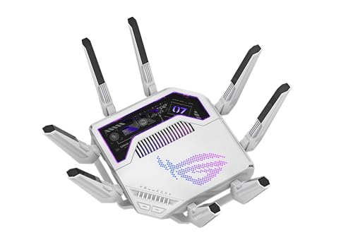 ASUS GT-BE19000AI: tri-band WiFi 7 gaming router, AI boost, dual 10G ports, gaming network, RGB design.