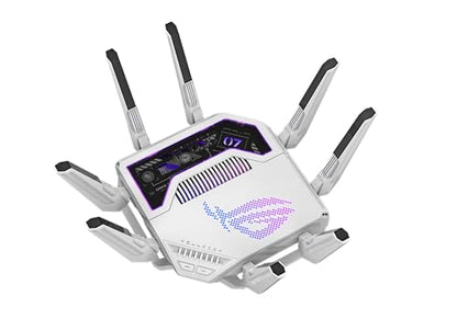 ASUS GT-BE19000AI: tri-band WiFi 7 gaming router, AI boost, dual 10G ports, gaming network, RGB design.