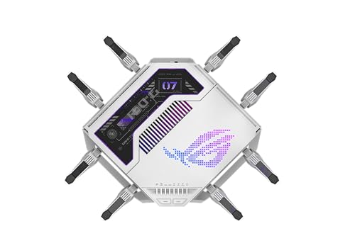 ASUS GT-BE19000AI: tri-band WiFi 7 gaming router, AI boost, dual 10G ports, gaming network, RGB design.