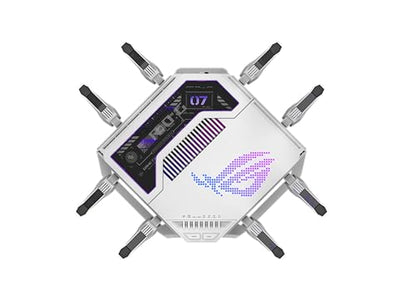 ASUS GT-BE19000AI: tri-band WiFi 7 gaming router, AI boost, dual 10G ports, gaming network, RGB design.
