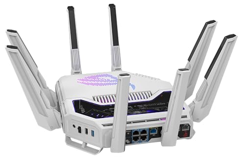 ASUS GT-BE19000AI: tri-band WiFi 7 gaming router, AI boost, dual 10G ports, gaming network, RGB design.