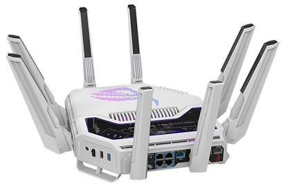ASUS GT-BE19000AI: tri-band WiFi 7 gaming router, AI boost, dual 10G ports, gaming network, RGB design.
