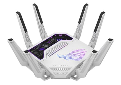 ASUS GT-BE19000AI: tri-band WiFi 7 gaming router, AI boost, dual 10G ports, gaming network, RGB design.