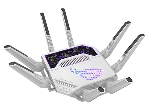ASUS GT-BE19000AI: tri-band WiFi 7 gaming router, AI boost, dual 10G ports, gaming network, RGB design.