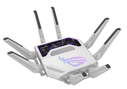 ASUS GT-BE19000AI: tri-band WiFi 7 gaming router, AI boost, dual 10G ports, gaming network, RGB design.