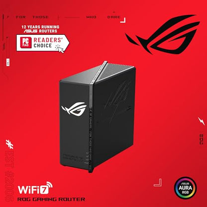 ASUS ROG Strix GS-BE12000: tri-band WiFi 7 router, 12Gbps, strong coverage, gaming acceleration, secure network.