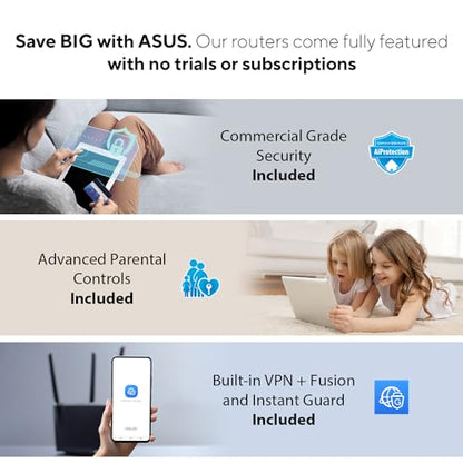 ASUS RT-BE88U: dual-band WiFi 7 router, dual 10G ports, high capacity, VPN, strong security, ideal for heavy use.