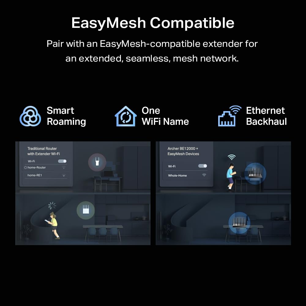 TP-Link Archer BE12000: tri-band WiFi 7 router, 6GHz support, 10G connectivity, smart assistant compatible.