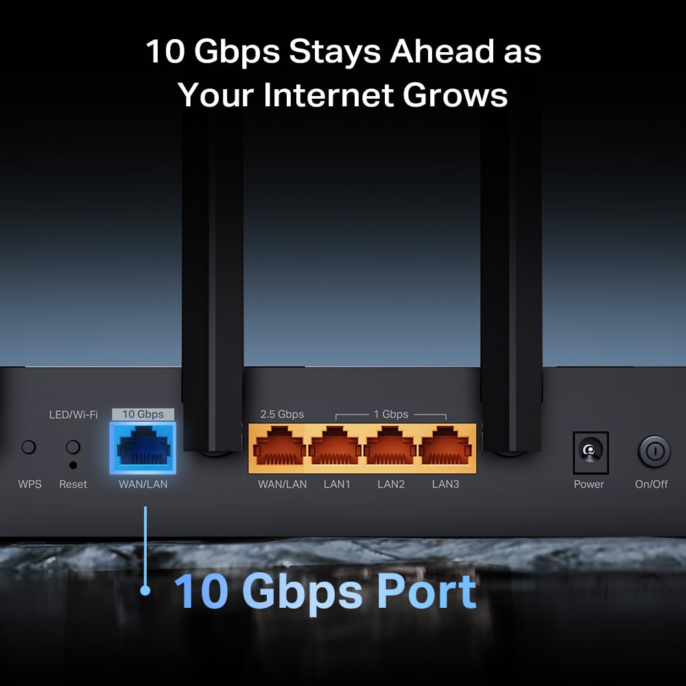 TP-Link Archer BE12000: tri-band WiFi 7 router, 6GHz support, 10G connectivity, smart assistant compatible.