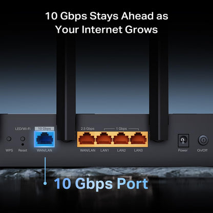 TP-Link Archer BE12000: tri-band WiFi 7 router, 6GHz support, 10G connectivity, smart assistant compatible.