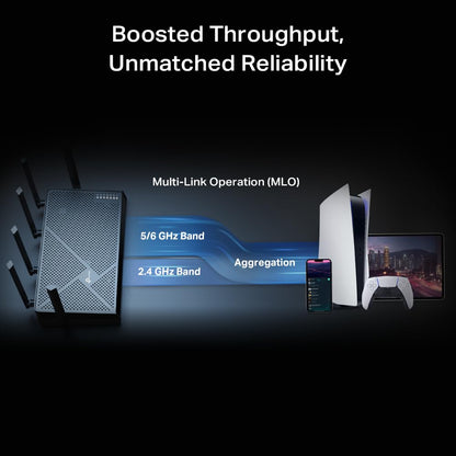 TP-Link Archer BE12000: tri-band WiFi 7 router, 6GHz support, 10G connectivity, smart assistant compatible.
