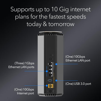 NETGEAR Nighthawk RS600: tri-band WiFi 7 router, up to 18Gbps, covers 3,300 sq ft, supports 150 devices, 10G port, secure.
