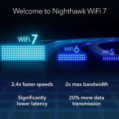 NETGEAR Nighthawk RS600: tri-band WiFi 7 router, up to 18Gbps, covers 3,300 sq ft, supports 150 devices, 10G port, secure.