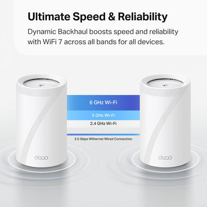 TP-Link Deco BE63: mesh WiFi 7 system, whole-home coverage, fast speeds, 2.5G ports, reliable and scalable network.