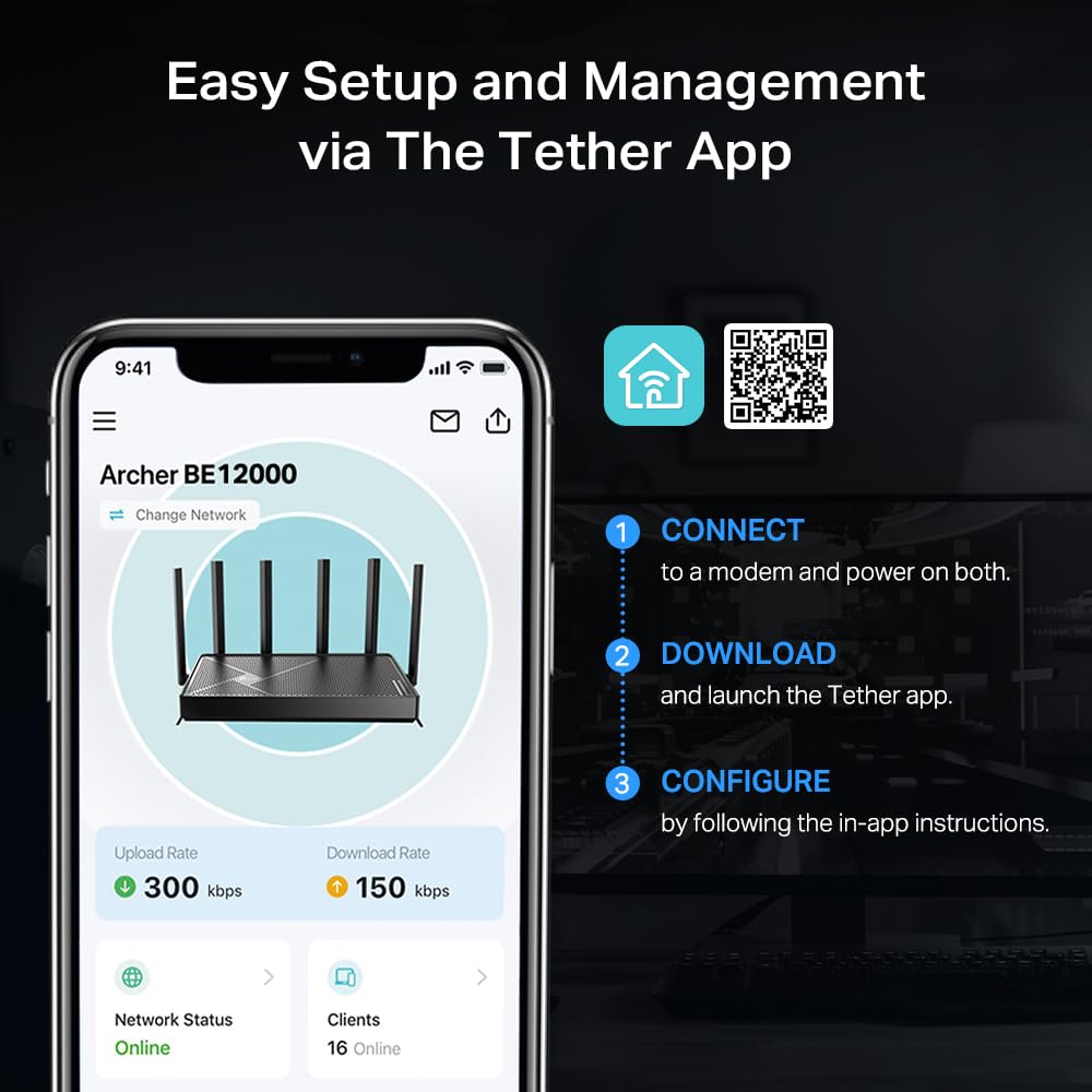 TP-Link Archer BE12000: tri-band WiFi 7 router, 6GHz support, 10G connectivity, smart assistant compatible.