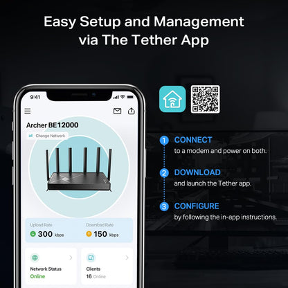 TP-Link Archer BE12000: tri-band WiFi 7 router, 6GHz support, 10G connectivity, smart assistant compatible.