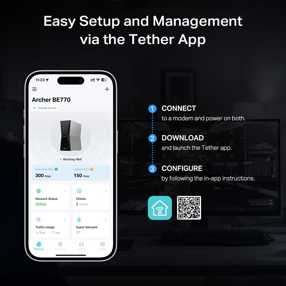 TP-Link Archer BE770: tri-band WiFi 7 router, multi-gig ports, 2x USB, supports VPN, mesh, strong performance for smart homes.