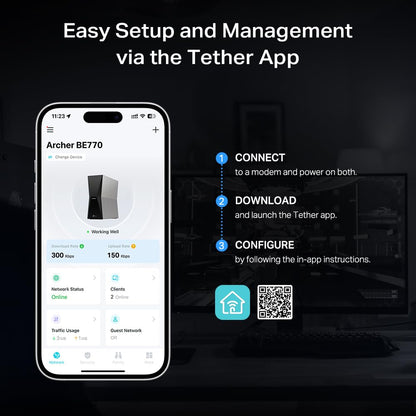 TP-Link Archer BE770: tri-band WiFi 7 router, multi-gig ports, 2x USB, supports VPN, mesh, strong performance for smart homes.