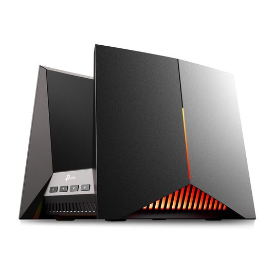 TP-Link Archer GE800: tri-band WiFi 7 gaming router, 12-stream, 10G ports, RGB, turbo acceleration, gaming optimized.