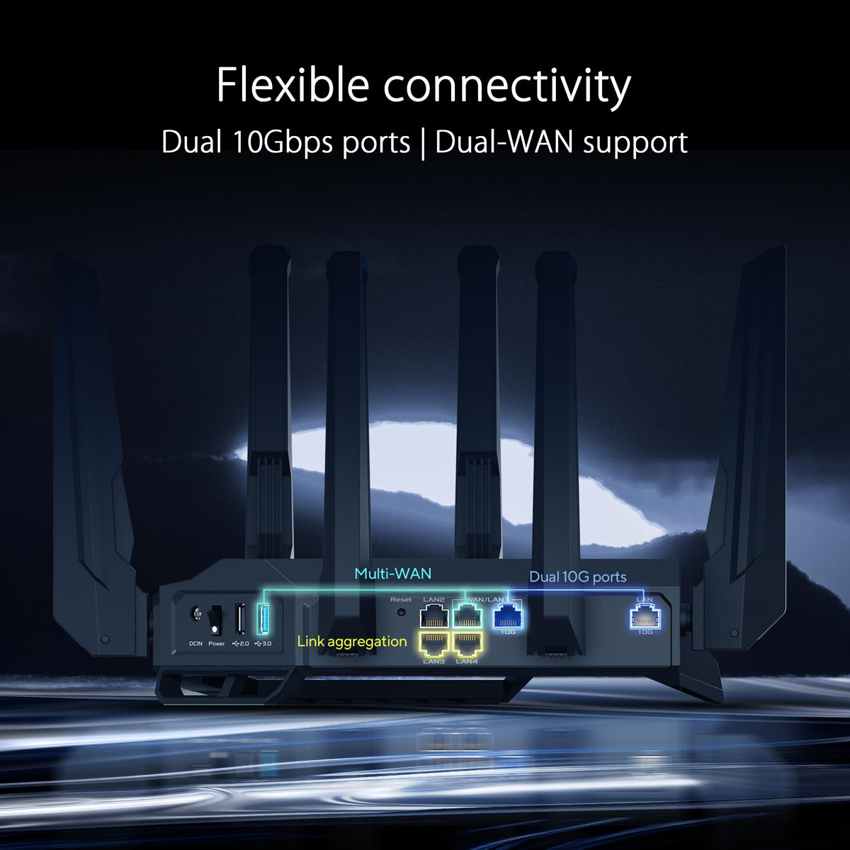 ASUS RT-BE96U: tri-band WiFi 7 router, 6GHz support, dual 10G ports, high performance, advanced security features.