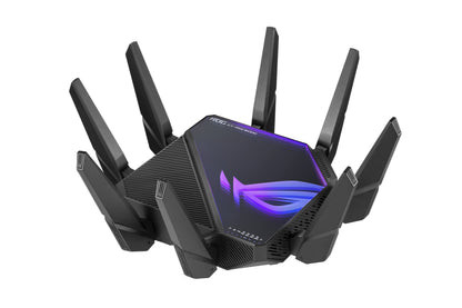 ASUS ROG Rapture GT-AXE16000: quad-band WiFi 6E gaming router, dual 10G ports, game acceleration, strong security.