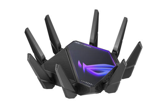 ASUS ROG Rapture GT-AXE16000: quad-band WiFi 6E gaming router, dual 10G ports, game acceleration, strong security.