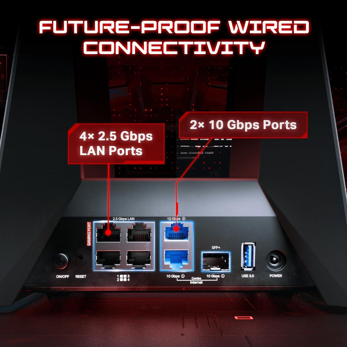 TP-Link Archer GE800: tri-band WiFi 7 gaming router, 12-stream, 10G ports, RGB, turbo acceleration, gaming optimized.