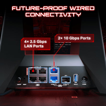 TP-Link Archer GE800: tri-band WiFi 7 gaming router, 12-stream, 10G ports, RGB, turbo acceleration, gaming optimized.