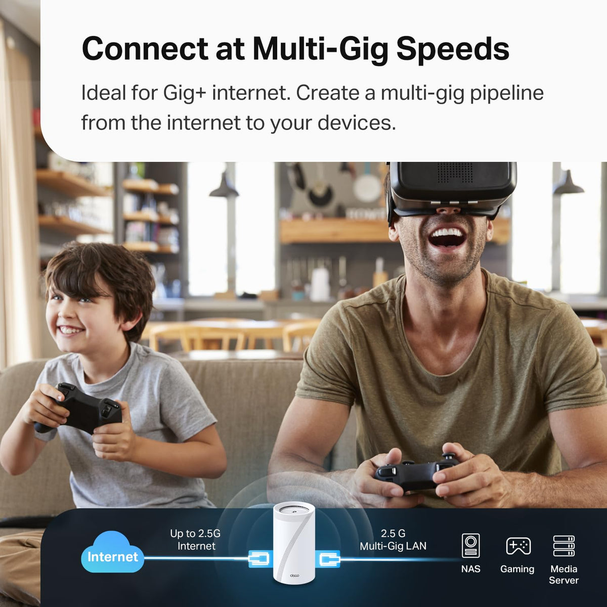 TP-Link Deco BE63: mesh WiFi 7 system, whole-home coverage, fast speeds, 2.5G ports, reliable and scalable network.