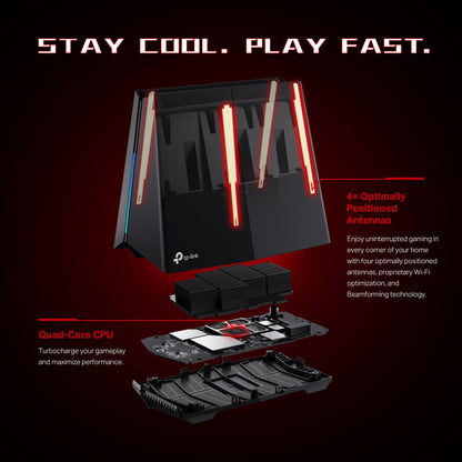 TP-Link Archer GE650: WiFi 7 gaming router, 11Gbps, multi-gig ports, RGB lighting, optimized for gaming performance.