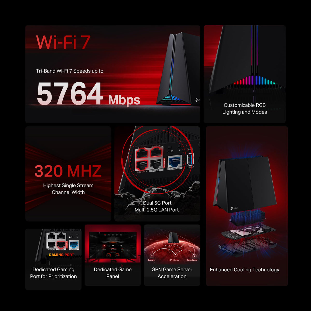 TP-Link Archer GE650: WiFi 7 gaming router, 11Gbps, multi-gig ports, RGB lighting, optimized for gaming performance.