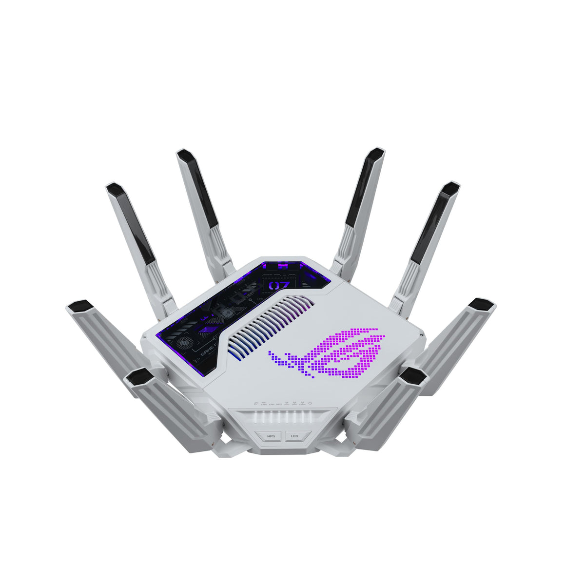 ASUS GT-BE19000AI: tri-band WiFi 7 gaming router, AI boost, dual 10G ports, gaming network, RGB design.