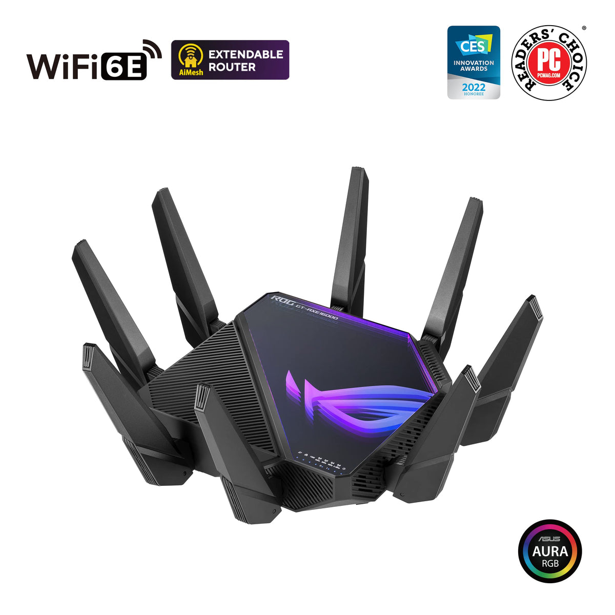 ASUS ROG Rapture GT-AXE16000: quad-band WiFi 6E gaming router, dual 10G ports, game acceleration, strong security.