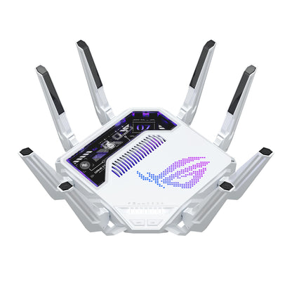 ASUS GT-BE19000AI: tri-band WiFi 7 gaming router, AI boost, dual 10G ports, gaming network, RGB design.
