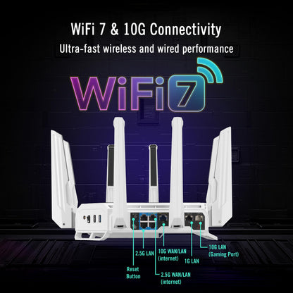 ASUS GT-BE19000AI: tri-band WiFi 7 gaming router, AI boost, dual 10G ports, gaming network, RGB design.