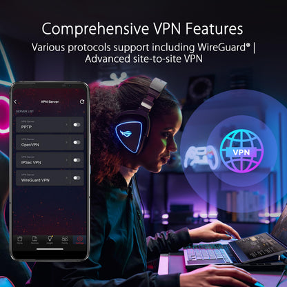 ASUS ROG Rapture GT-BE98 Pro: quad-band WiFi 7 router, dual 10G, gaming boost, VPN, high-end performance.
