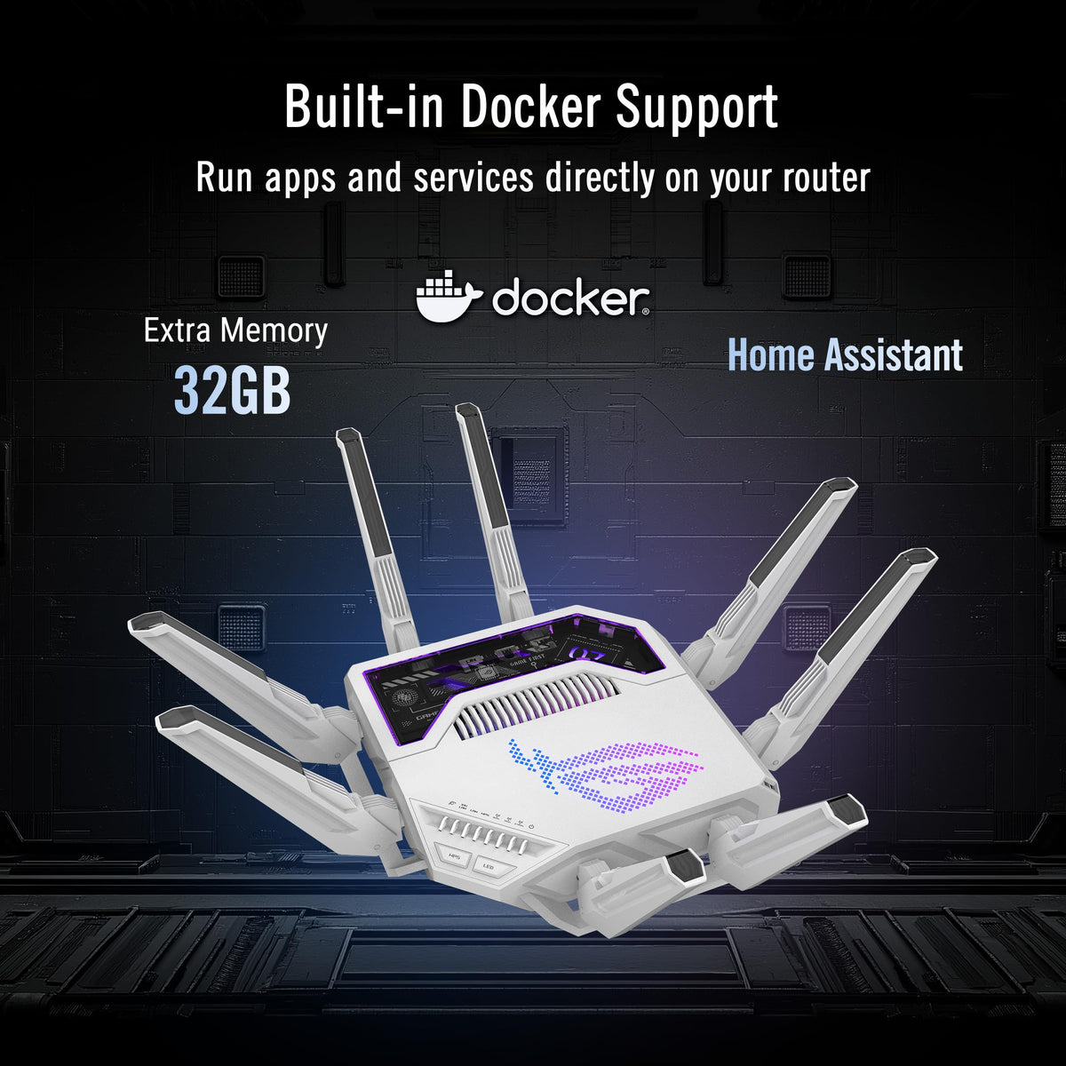 ASUS GT-BE19000AI: tri-band WiFi 7 gaming router, AI boost, dual 10G ports, gaming network, RGB design.