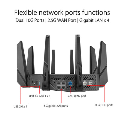 ASUS ROG Rapture GT-AXE16000: quad-band WiFi 6E gaming router, dual 10G ports, game acceleration, strong security.