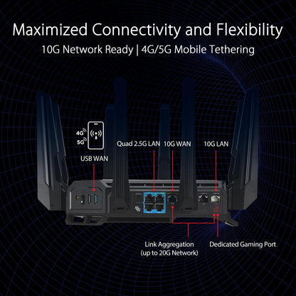 ASUS ROG Rapture GT-BE98 Pro: quad-band WiFi 7 router, dual 10G, gaming boost, VPN, high-end performance.
