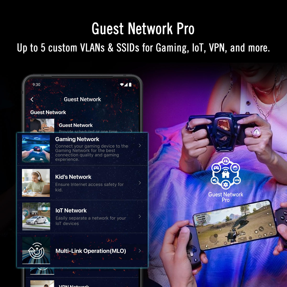 ASUS GT-BE19000AI: tri-band WiFi 7 gaming router, AI boost, dual 10G ports, gaming network, RGB design.